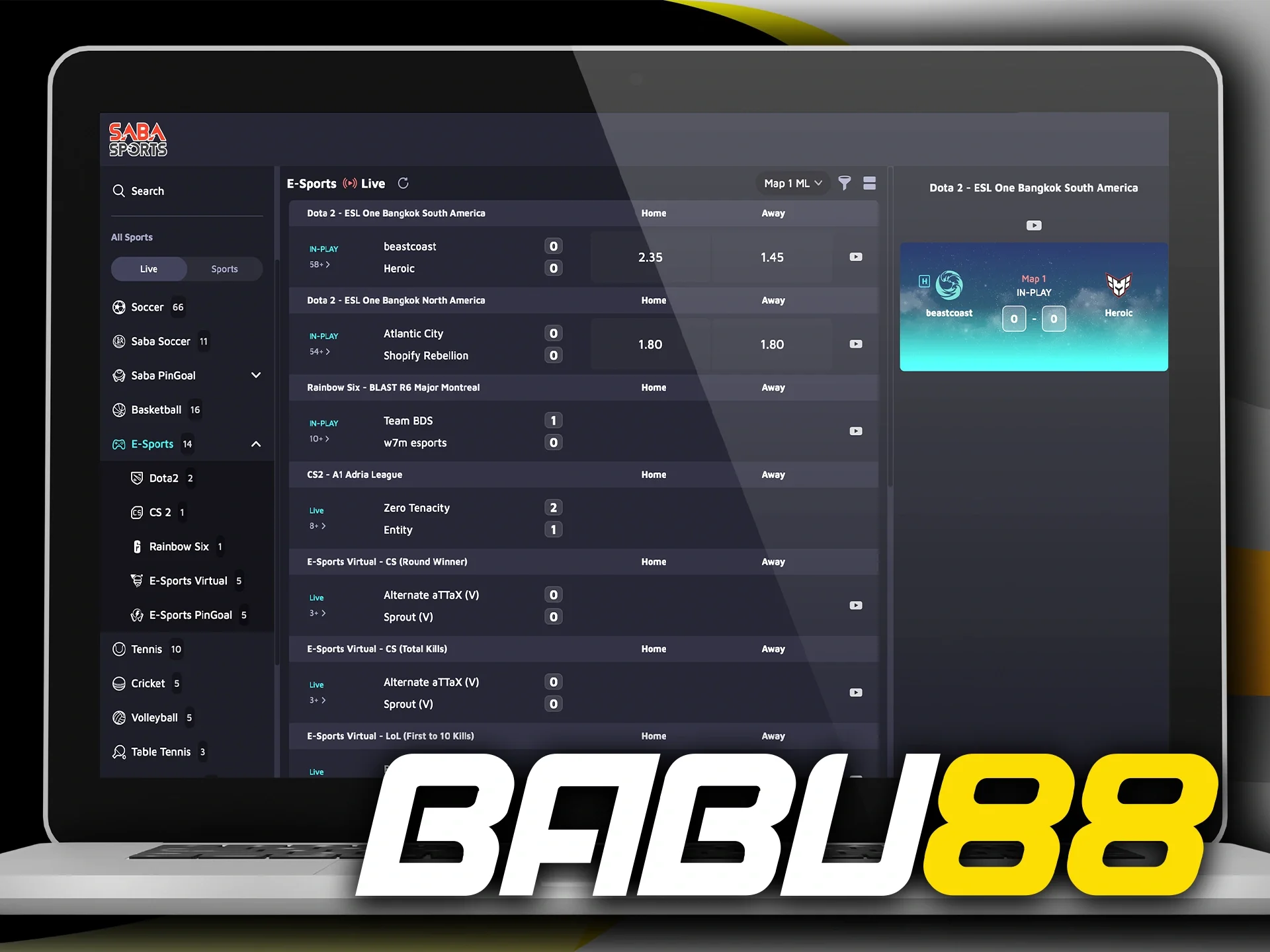 eSport betting is available at the Babu88 platform.