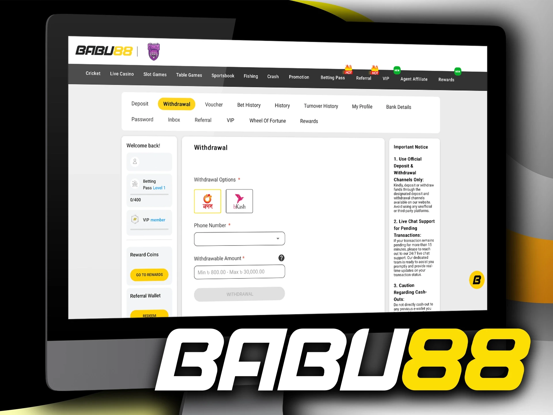 Babu88 customers can choose a convenient payment system.